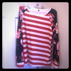 Red and white stripped w/ flower sleeves